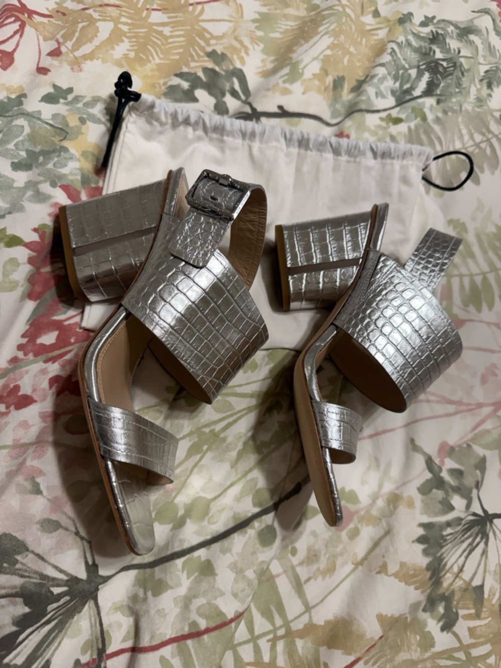 Via Spiga Silver Croc-Embossed Block Heel Sandals w/Dust Bag